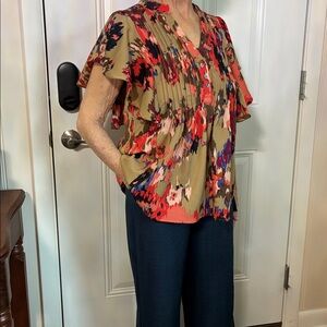 Entro Vibrant Red Tan Navy Orange and Black Abstract Blouse